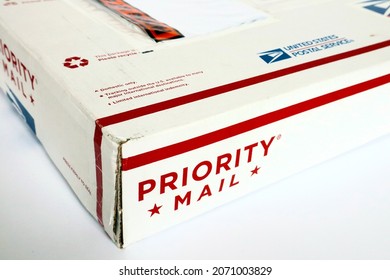 Los Angeles, USA - November, 2021: PRIORITY MAIL Mailing Box By USPS United States Postal Service 