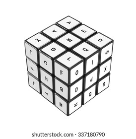 LOS ANGELES , USA - NOVEMBER 9, 2015  Rubik's Puzzle Cube With Letters Isolated On White Background. Rubik's Cube Invented By A Hungarian Architect Erno Rubik In 1974.