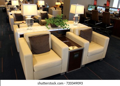 LOS ANGELES, USA – OCTOBER 24 2015: Emirates Airline Opens Its New Airport Lounge At Los Angeles International Airport (LAX). Unidentified Passengers Make Use Of The Space.