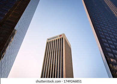 Los Angeles, USA - Sep 09, 2017; Bank of America tower in Los Angeles downtown. Bank of America is American multinational investment bank. Los Angeles skyline view from ground.