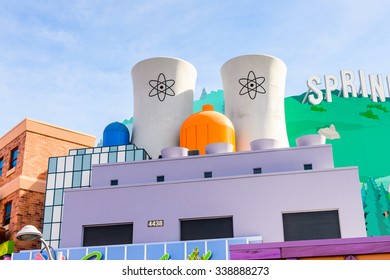 LOS ANGELES, USA - SEP 27, 2015: Nuclear Station At The SImpsons Area Of The Universal Studios Hollywood Park. The Simpsons Is An American Animated Sitcom By Matt Groening