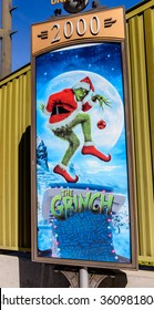 LOS ANGELES, USA - SEP 27, 2015: Jim Carrey The Grinch Film Poster At The Hollywood Universal Studios. Universal Pictures Company Was Created On June 10, 1912