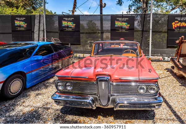 LOS ANGELES, USA - SEP 27, 2015:\
Futuristic Car from Back to the Future at the Hollywood Universal\
Studios. Universal Pictures company was created on June 10,\
1912