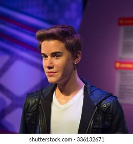 LOS ANGELES, USA - SEP 28, 2015: Justin Bieber in  Madame Tussauds Hollywood wax museum. Marie Tussaud was born as Marie Grosholtz in 1761