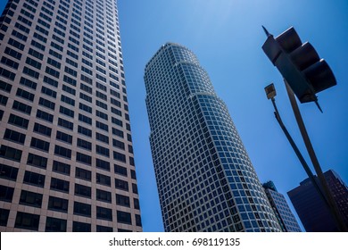 Los Angeles, USA-Jane Three, 2017: View Of Skyscrapers From Street Level In Downtown Los Angeles On Clear Blue Sky Day