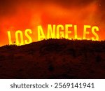 Los Angeles Wildfire concept background with extreme orange weather and fire, typography behind mountain.