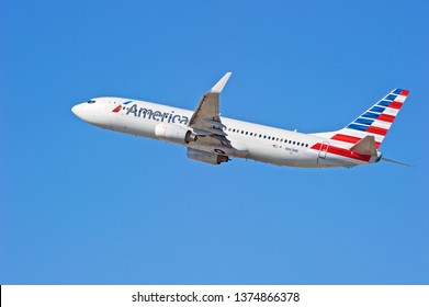 LOS ANGELES/CALIFORNIA - FEB. 24, 2018: American Airlines Boeing 737 aircraft is airborne as it departs Los Angeles International Airport. Los Angeles, California USA