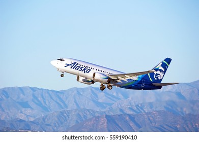 LOS ANGELES/CALIFORNIA - JANUARY 14, 2017: Alaska Airlines Boeing 737-790(WL) aircraft is airborne as it departs Los Angeles International Airport, Los Angeles, California USA