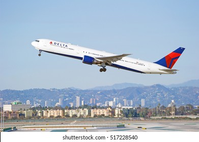 LOS ANGELES/CALIFORNIA - NOV. 13, 2016: Delta Air Lines Boeing 767-432(ER) aircraft is airborne as it departs Los Angeles International Airport, Los Angeles, California USA