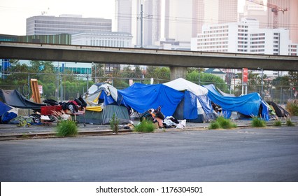 LOS ANGELES/CALIFORNIA - SEPT. 9, 2018: Homeless Encampment Along The Roadside Depicting The Growing Epidemic Of Homelessness In The City Of Los Angeles. Los Angeles, California USA