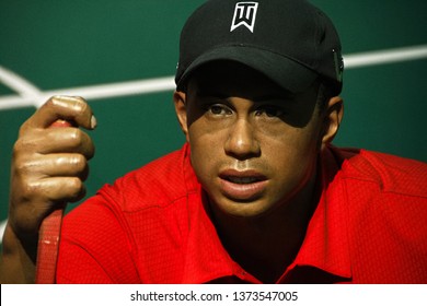 Los Angeles,CA/USA - Nov 23,2015: A waxwork of Tiger Woods on display at Madame Tussauds Hollywood.Madame Tussauds newest branch hosts waxworks of numerous stars and celebrities.