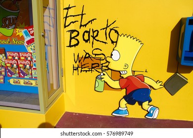 Los Angeles,CA/USA - Oct 29,2014: Mural art of Bart Simpson at the Simpsons Ride in Universal Studios Hollywood in Los Angeles.It is a theme park and film studio.