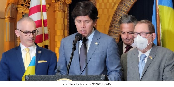 Los Angeles-March 8th, 2022: Los Angeles City Council Member, Kevin Deleon, Speaks At The Ukrainian Cultural Center About Russian Divestment Efforts Made By The City Of Los Angeles. 