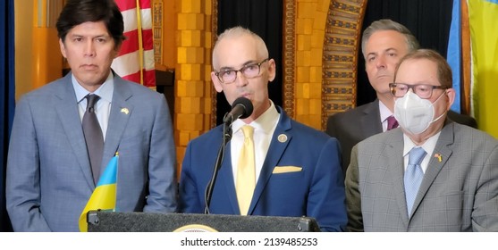 Los Angeles-March 8th, 2022: Los Angeles City Council Member, Mitch O'farrell, Speaks At The Ukrainian Cultural Center About Russian Divestment Efforts Made By The City Of Los Angeles. 