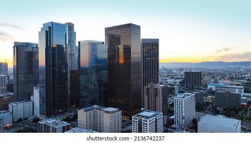 Los Angels downtown skyline, panoramic city skyscrapers, downtown skyline at sunset. - Shutterstock ID 2136742237
