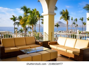 Los Cabos, Mexico - February 26, 2022: Beautiful View Of Mountains And Ocean In Cabo San Lucas As Seen From Riu Palace Resort.