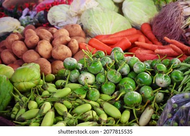 Lose Focus Set Of Fresh Vegetables Close Up. Local Market