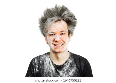 Loser Guy With Long Hair Smiling, Sprinkled With Flour And White Building Plaster On A Isolated Background.