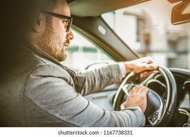 Losing Patience. Young Business Man Warning People On Car. Close Up.