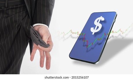 Loss Investment. Investor Shows Empty Pocket. Quotes Symbolize Trading Or Investment. Cellphone With Trading Symbols On Screen. Investment Problems. Investor Has Lost Money. Phone On White Background