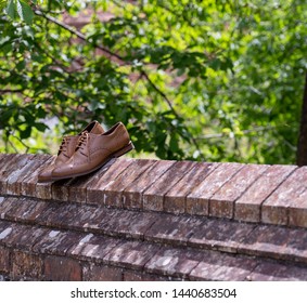 Lost Abandoned Smart Dress Brown Leather Wedding Shoes On A Wall No Person