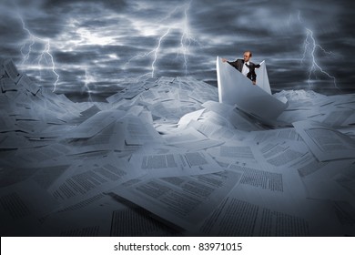 Lost alone businessman sailing in stormy papers sea