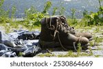 Lost boots and shirt found in the Tjörnin lake, Reykjavik - side view