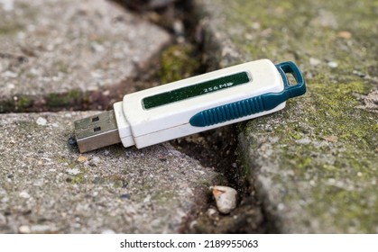 Lost Data Flash Drive Usb Stick On Grass Paving Blocks Path .