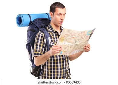 A Lost Hiker Looking At Map Isolated On White Background