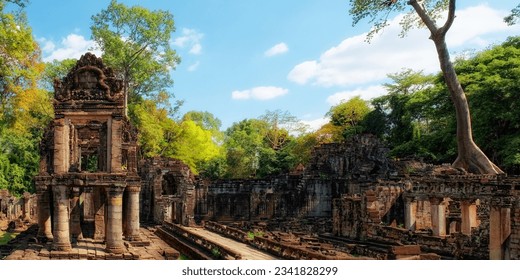 Lost in history: Ancient ruins of Khmer temples, reflecting the brilliance of ancient Cambodian architecture, a medieval historical marvel.
