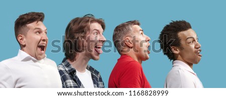 I lost my mind. The squint eyed men with weird expression. Beautiful profile male half-length portrait isolated on studio backgroud. The crazy men. The human emotions, facial expression concept.