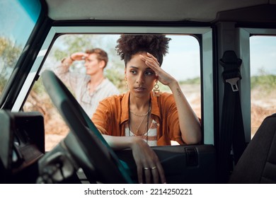 Lost, stress and road trip couple waiting for emergency roadside assistance, car mechanic service and transport insurance help in safari desert. Sad woman anxiety, driving crisis and accident problem - Shutterstock ID 2214250221