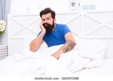 Lost In Thoughts. Brutal Male Does Not Feel Rested. Relax Lifestyle Concept. Tired Bearded Man In Bed. Early Wake Up At Morning. Bachelor Feel Sleepy. Guy At Bedroom. Lazy Sunday. Bed Time Routine.