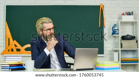 Lost in thoughts. Serious man back to school. Senior teacher look serious in glasses. Business coach thinking with serious face. Profound thinker. School and education. Serious and thoughtful.