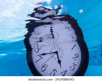 Lost time climate change concept drowning underwater alarm clock in blue pool with distorted reflection. No people. with copy space.