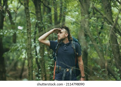 Lost young hippie hiker, searching for the path, lost in the forest, looking for the exit from the woods
