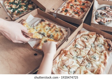 Lots Of Boxes With Pizza Pieces. Little Girl Eating At Table. Cheese, Pear, Sausage, Shrimp Filling. Family Lunch, Birthday Home Party.Isolation Food Delivery, Online Order.Kids Favorite Harmful Food.