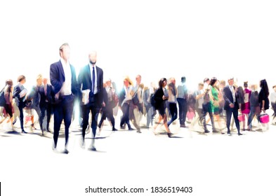 Lots of business people walking in big open space, transport station, airport etc. Blurred image, wide panoramic view with people at rush time. London, UK