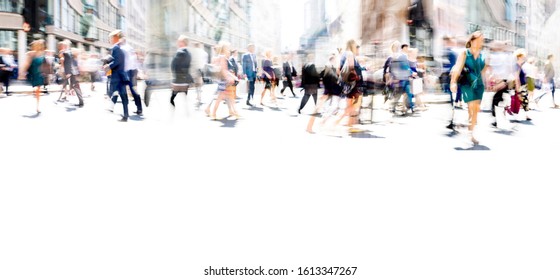 Lots Of Business People Walking In The City Of London. Blurred Image, Wide Panoramic View Of The Crossroad With People At Sunny Day. London, UK