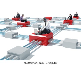 Lots Of Businesspeople Wit Laptop And 3d Virtual Connection