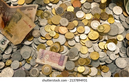 Lots Of Different Coins, Heap Of Money Background, Donation Box Inside Detail, Closeup, World Currencies, Nobody. Collecting Large Amounts Of Money, Funds Collection Simple Concept, No People