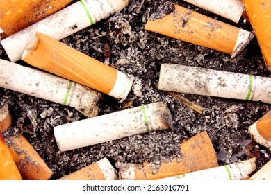 Lots of dirty used cigarette butts in an ashtray on a white background. Glass ashtray. Health, smoking, unhealth, Lung cancer. View from above. Copy text space.