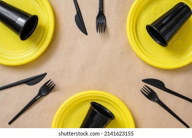 Lots Of Disposable Plastic Utensils. Flat Lay, Copy Space.