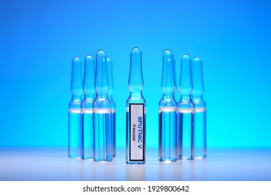 Lots Of Glass Vials With Covid-19 Vaccine. Vaccination Against Coronavirus Infection. Fight Against Coronavirus, Confrontation With Coronavirus. Vaccine Sputnic V