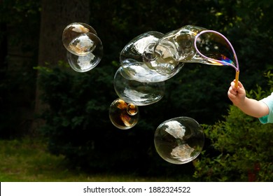 Lots of huge soap bubbles floating in the air in the garden, child blowing many big bubbles in the backyard, outside, outdoors scene. Beautiful bubbles group flying closeup, childs hand