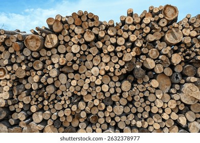 Lots of logs in the pile. Tree trunks cut and stacked. Wood industry and furniture industry. Stacks of firewood. Cut logs stacked near the sawmill. A pile of chopped up trunks.