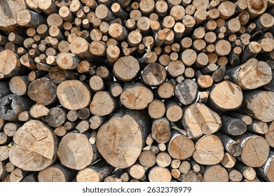 Lots of logs in the pile. Tree trunks cut and stacked. Wood industry and furniture industry. Stacks of firewood. Cut logs stacked near the sawmill. A pile of chopped up trunks.
