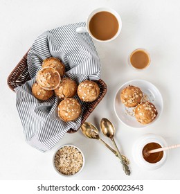 Lots Of Oatmeal Muffins, Oat Flour, In A Baking Basket For The Whole Family, Coffee, Cocoa, Honey, Top View, Cereal, Healthy Weight Loss Food