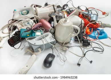 Lots of old electrical appliances for recycling e-waste. Sustainable living concept. 