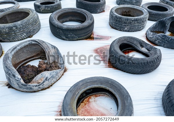Lots\
of old used car tires close up on white\
background